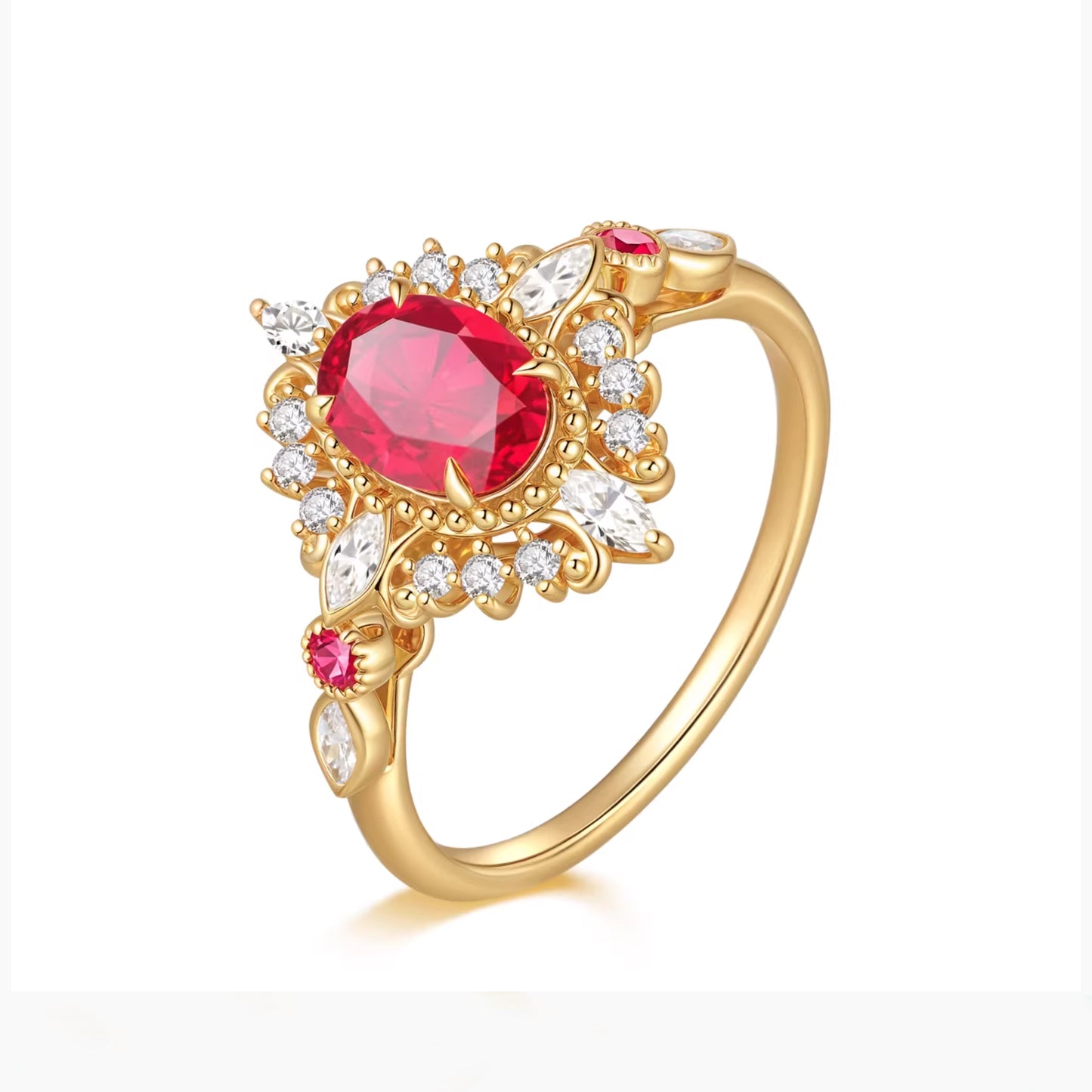Crafted in 18K yellow gold, this ring features a vibrant oval-cut ruby center stone surrounded by sparkling halo diamonds.