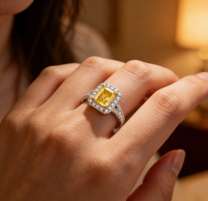 yellow diamond halo ring gold platinum band classic engagement jewelry