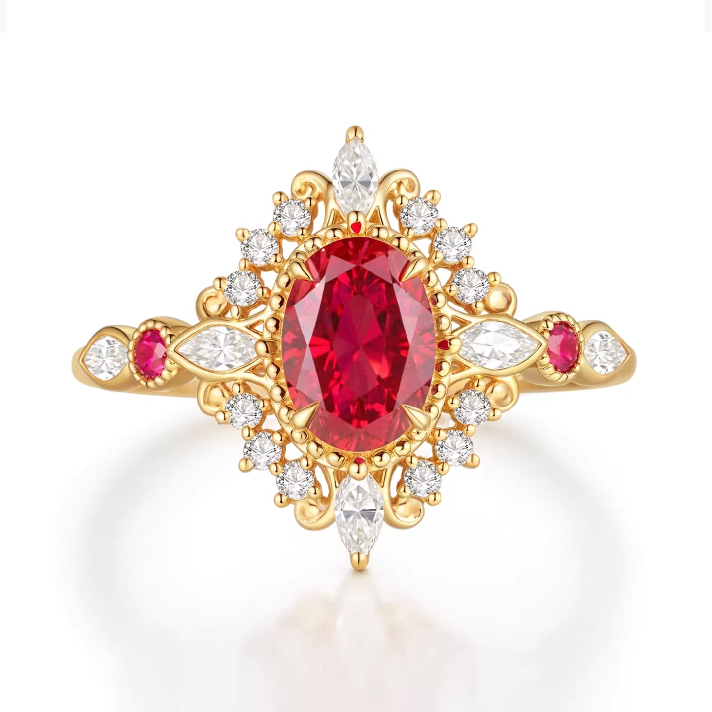 A striking ruby center stone set in 18K gold, enhanced by brilliant halo diamonds. This eye-catching statement ring blends vintage style with modern luxury—perfect for gifting or special occasions.
