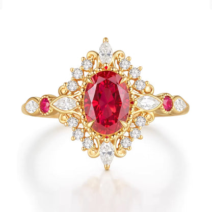 A striking ruby center stone set in 18K gold, enhanced by brilliant halo diamonds. This eye-catching statement ring blends vintage style with modern luxury—perfect for gifting or special occasions.
