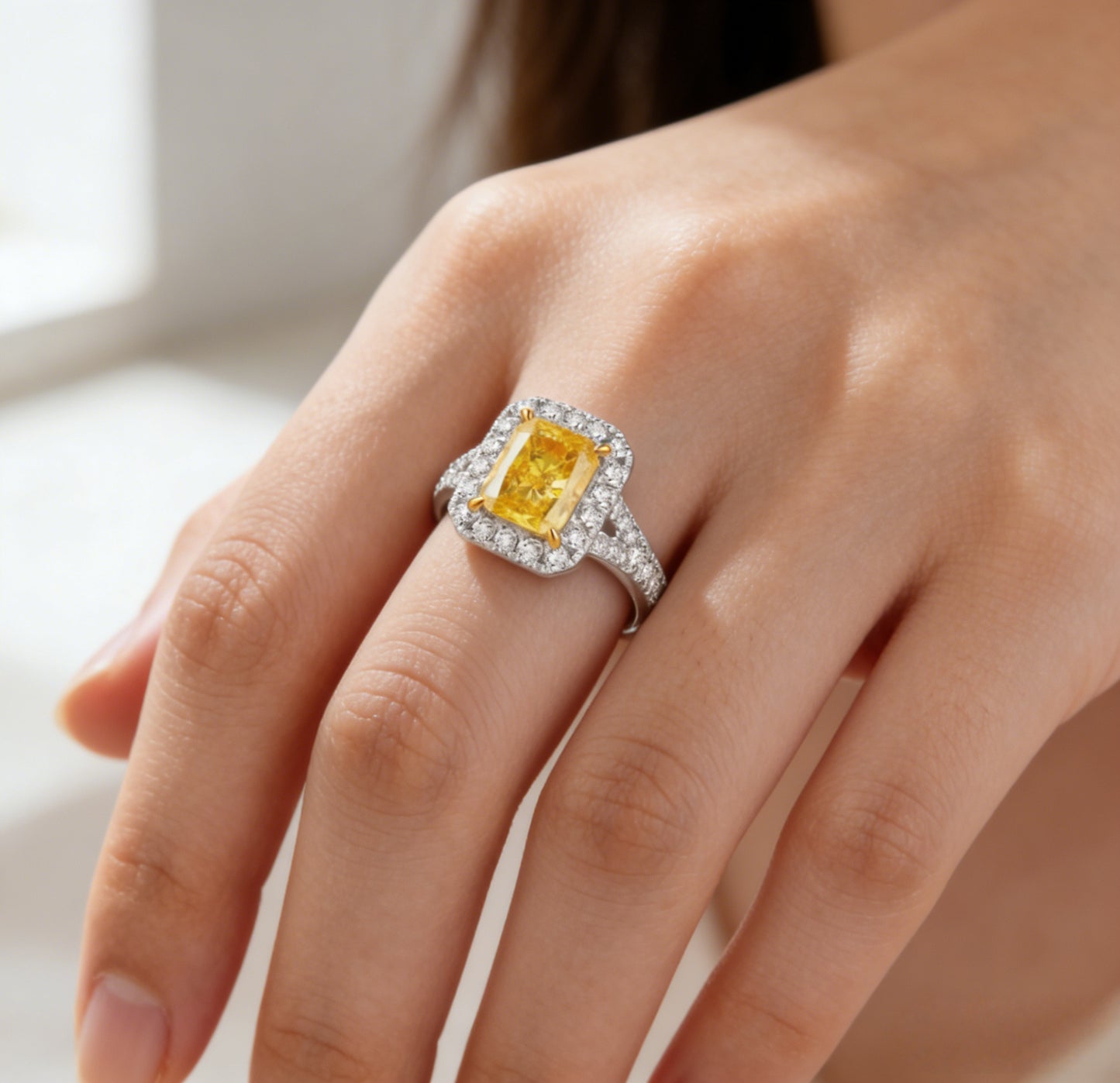 yellow diamond halo ring lifestyle wear elegant jewelry for women close shot