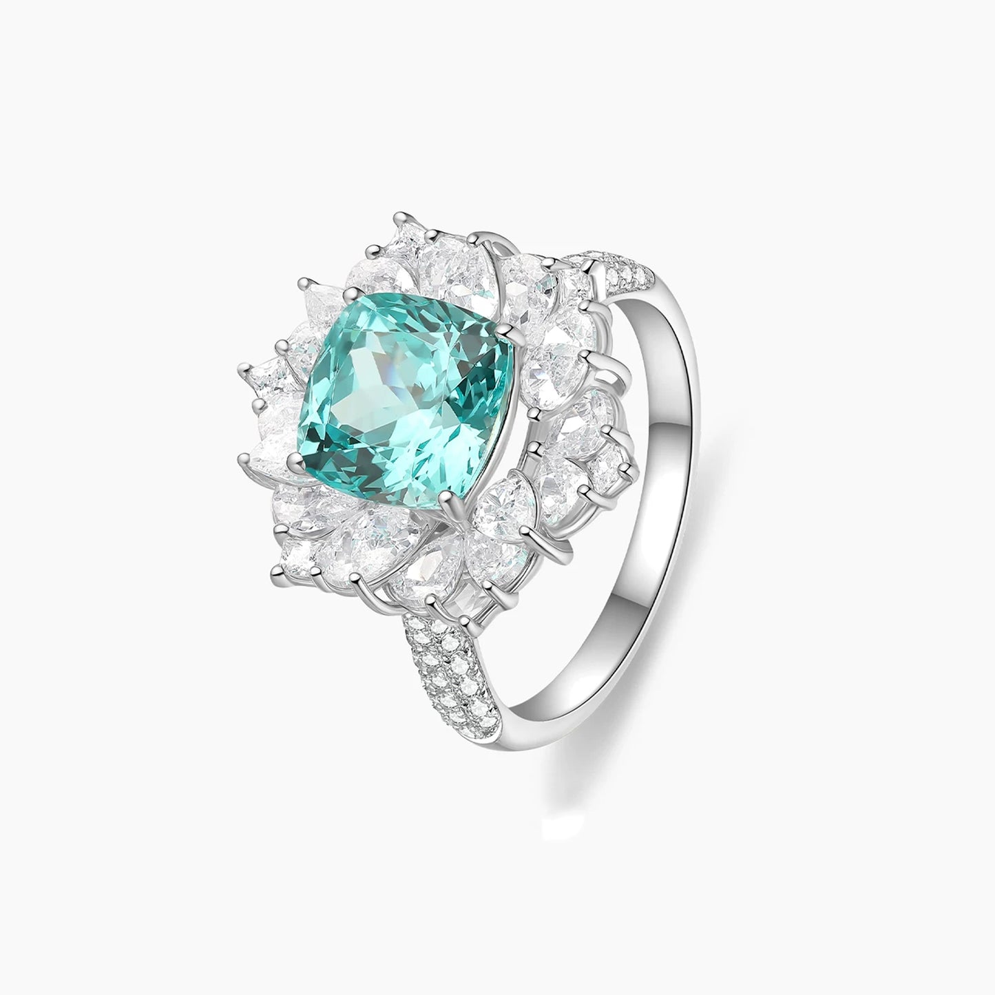 Cushion cut aquamarine lab-grown diamond halo ring in PT950 platinum
