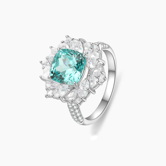 Cushion cut aquamarine lab-grown diamond halo ring in PT950 platinum