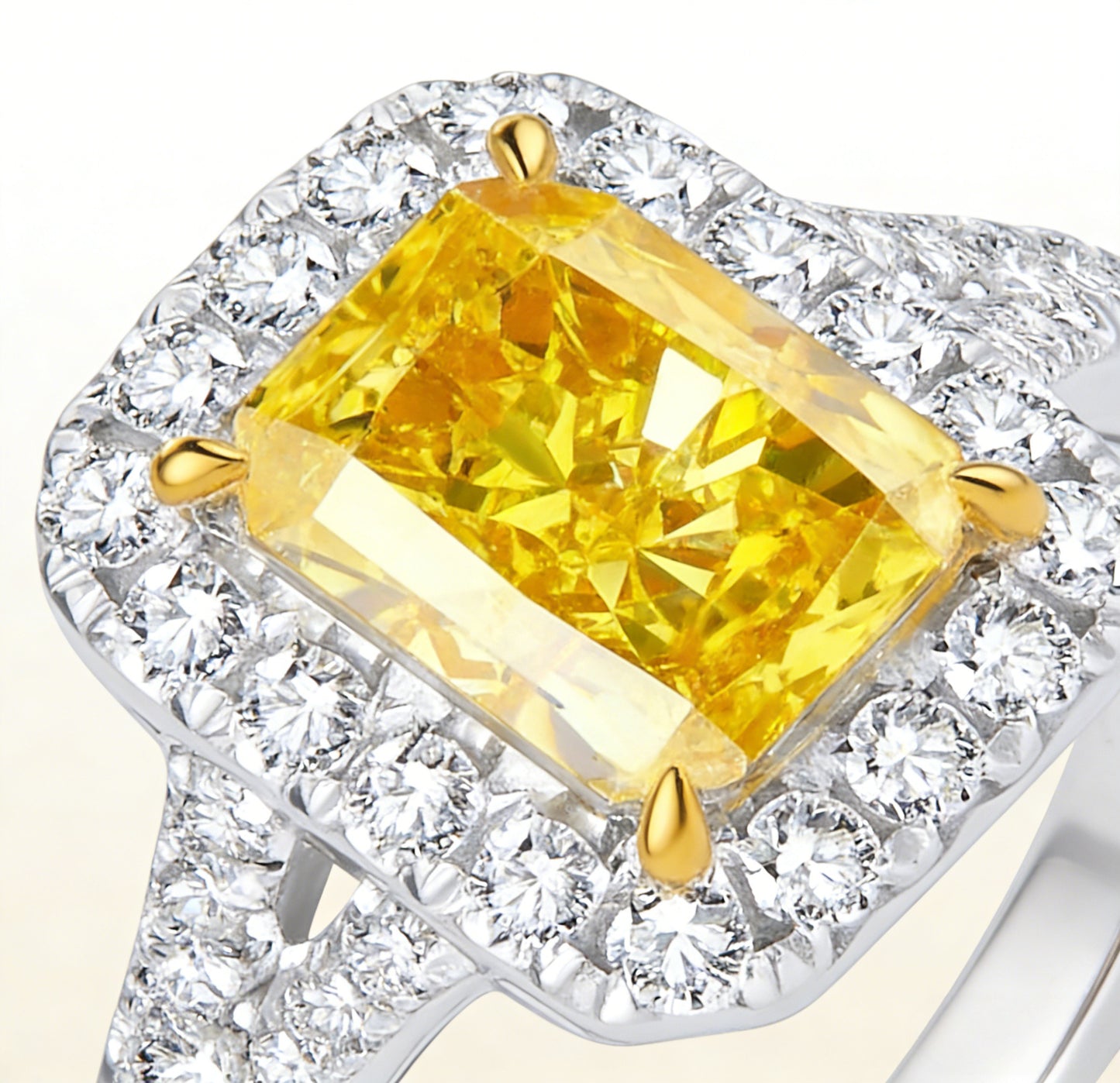 yellow diamond ring gold prong setting halo diamonds craftsmanship detail